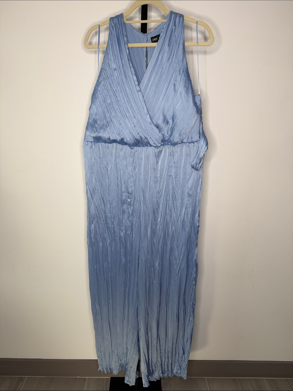 Zara Light Blue Pleated V-Neck Jumpsuit